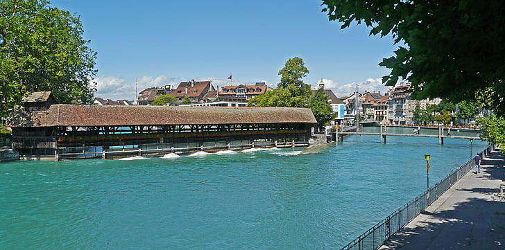 switzerland, thun, aare, division, weir, covered, river