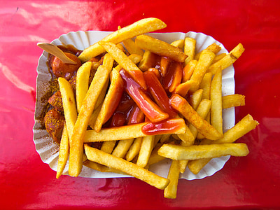 Currywurst, patatine fritte, Francese, ketchup, mangiare, Fast food, cibo spazzatura