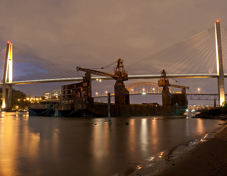 Río, barco, noche, industrial, Skytrain, puente, luces