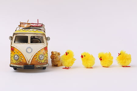 bus, chick, props, toy, yellow, cute, small
