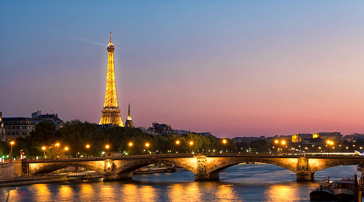 Eiffeltoren, Frankrijk, zonsondergang, stad bij nacht, nacht, stad, Europa