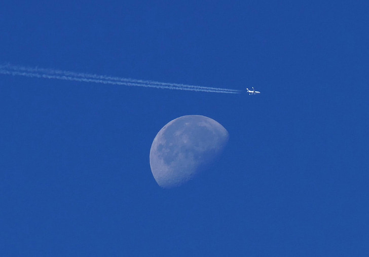 moon, airplane, night, flight, aircraft, flying, blue