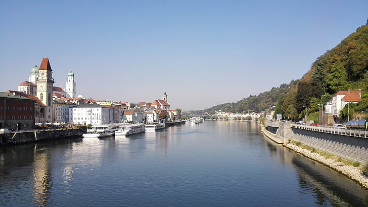 ciudad, Río, Passau, Baviera, históricamente, agua, verano