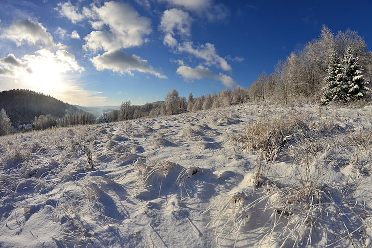 första snön, vinter i fjällen, Krynica berg, Krynica, vinterlandskap, sagolik vinter, vinter