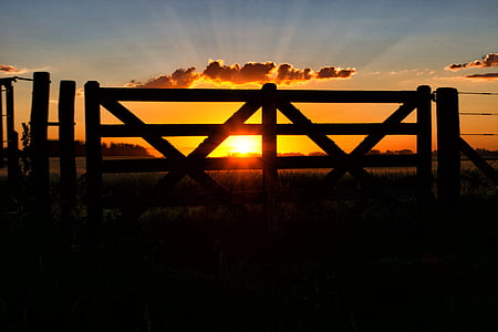 Gate, zon, zonsondergang, veld, landschap, hemel, silhouet