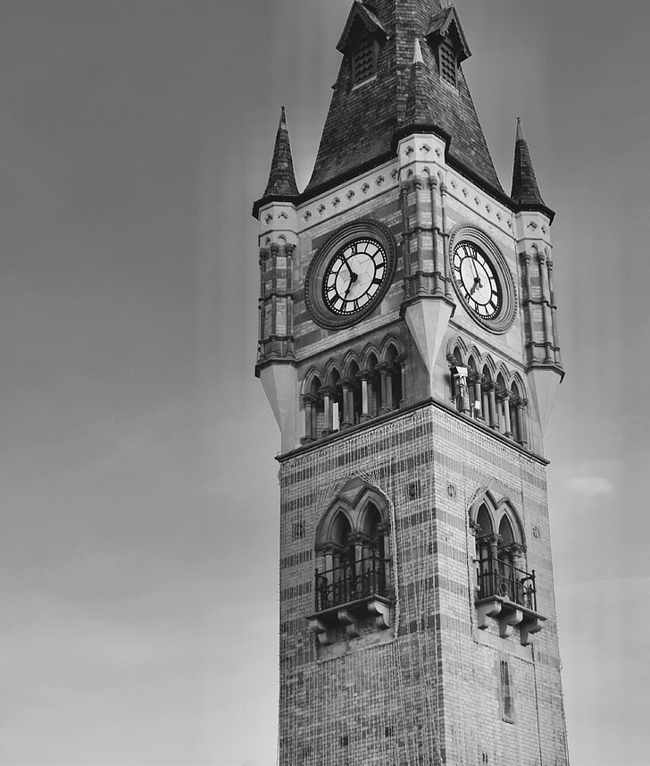 hodiny, veža, Darlington, Architektúra, Anglicko, Spojené kráľovstvo, čierna a biela