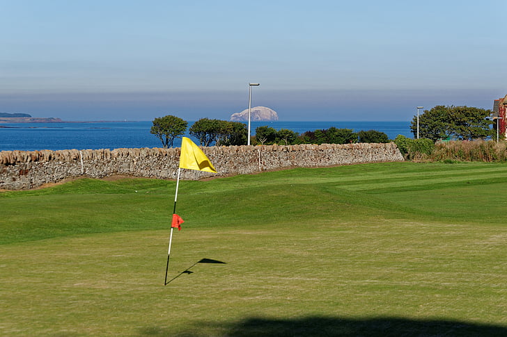 golf green, scenery, golf course, golf flag, green, sea, golf