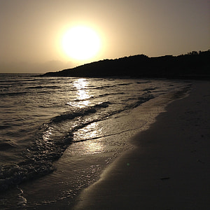 puesta de sol, mar, arena, Océano