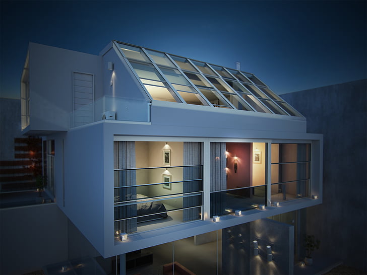 Villa, acoperiş, 3D, fotorealism, performanţă, seara, arhitectura