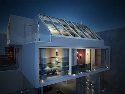 Villa, atap, 3D, photorealism, kinerja, malam, arsitektur