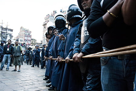 polisen, säkerhet, skydd, personer, massan, demonstration, demonstrant