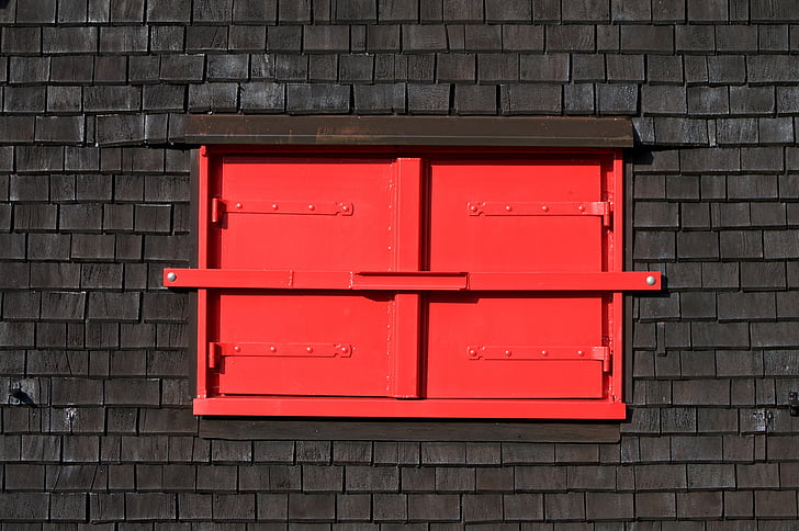 finestra, persiane, chiuso, bloccato, rosso, capanna, legno