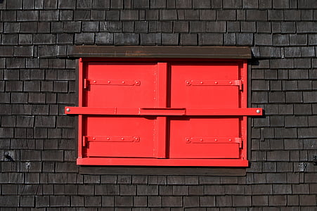 janela, persianas, fechado, fechado, vermelho, cabana, madeira
