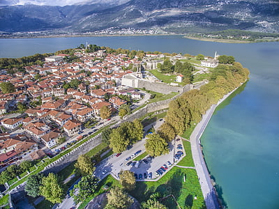 Ioannina, thành phố, Lake, Nhà thờ Hồi giáo, cải xoăn, bầu trời, Hy Lạp