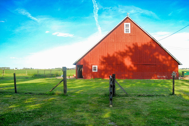 barn, red, farm, country, rural, bright, landscape