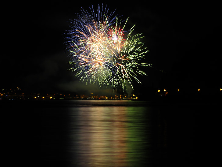 fireworks, mirroring, night, water surface
