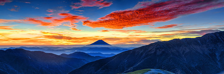 panoramic landscape, morning glow, mt fuji, red cloud, the southern alps, october, japan