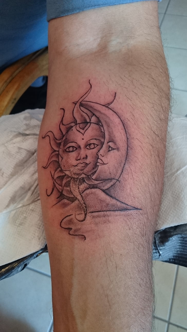 tattoo, sun, moon, hand