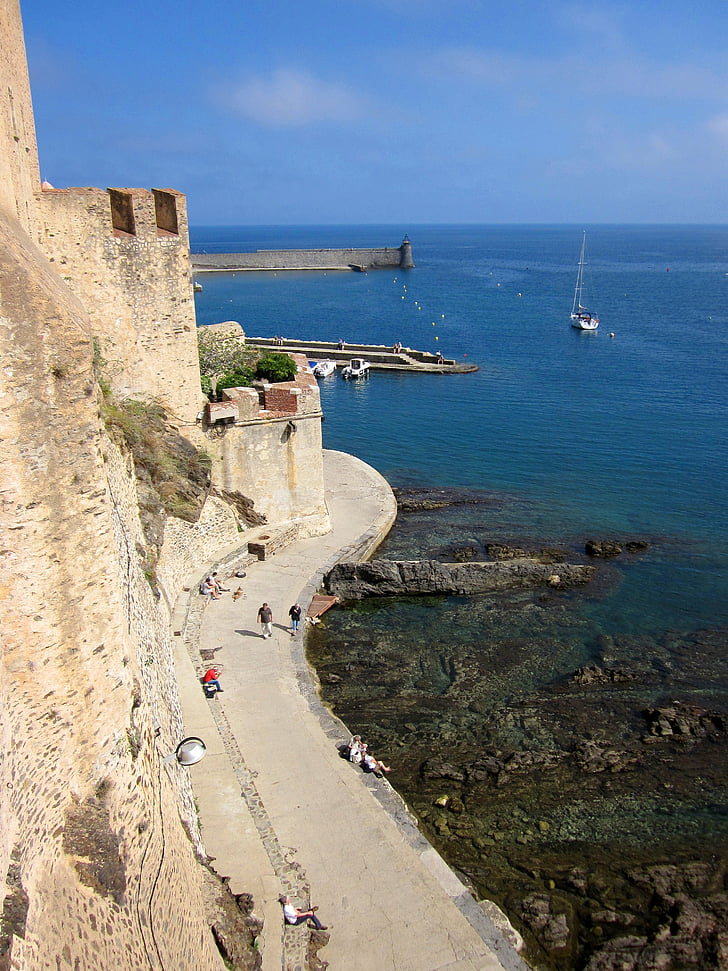 Collioure, Fort, Středomořská, přístav, Pyrénées-orientales, Francie