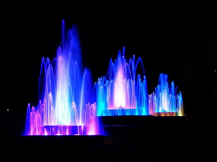 osvijetljeni, vode, Fontana, pokazati, noću, Vode, fontana, osvijetljeni