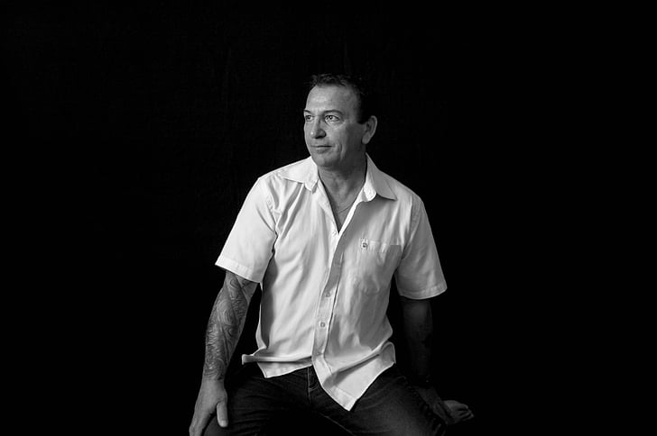 man, shirt, sitting, portrait, black and white