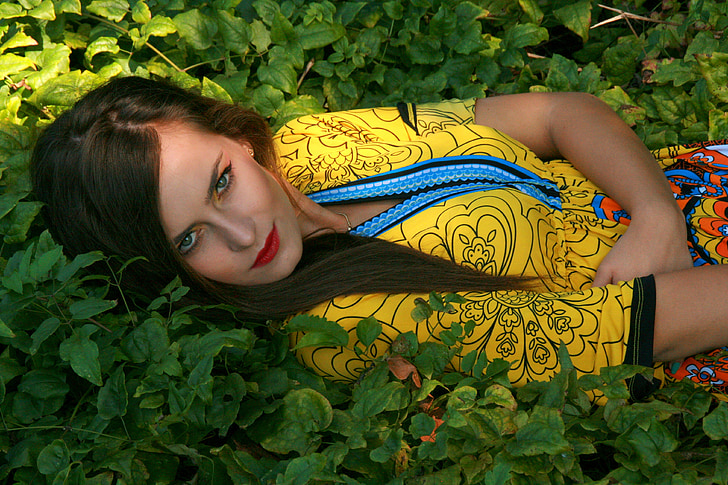 girl, portrait, vegetation, beauty, seductive, yellow
