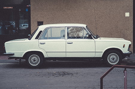 Branco, Sedan, clássico, carro, vintage, rua, automotivo