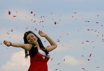 女孩, 花瓣, 飞行, 红色, 快乐