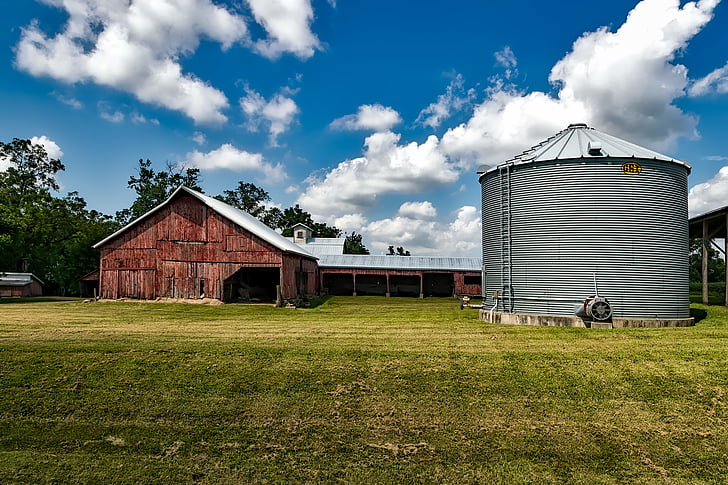 architecture, barn, building, clouds, countryside, farm, field