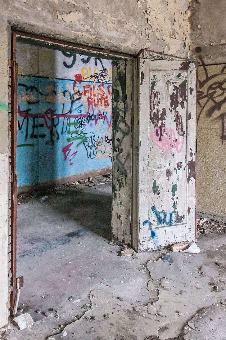 pozadie, budova, opustiť, staré, graffiti, skončila