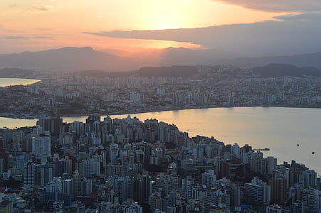naplemente, Brazília, város, táj, épületek