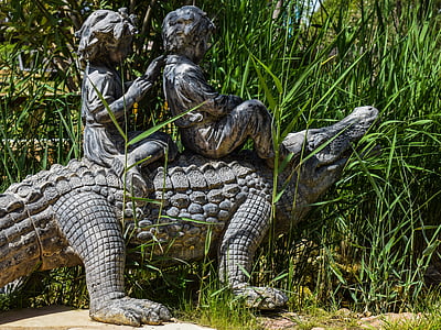krokodille, børn, haven, dekoration, skulptur, fantasy, barndom