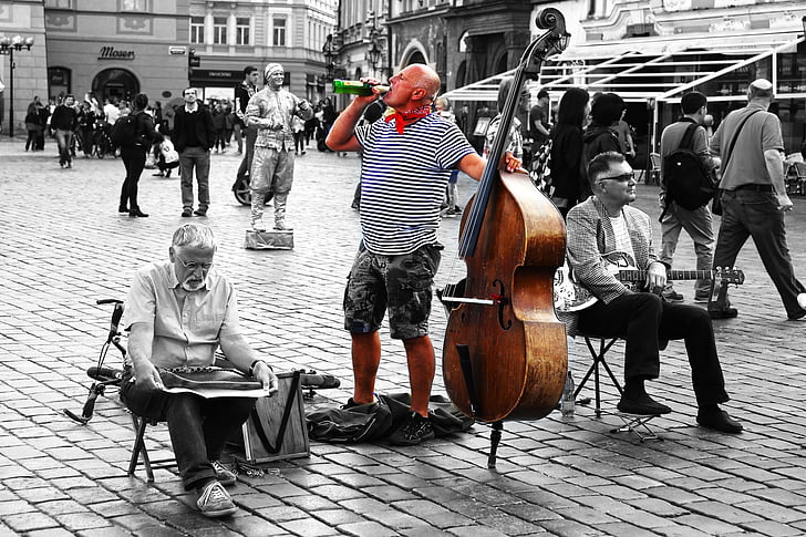 muzikant, Straat, muziek, bier, Base, plein, Praag