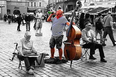 musicien, rue, musique, bière, base de, place, Prague