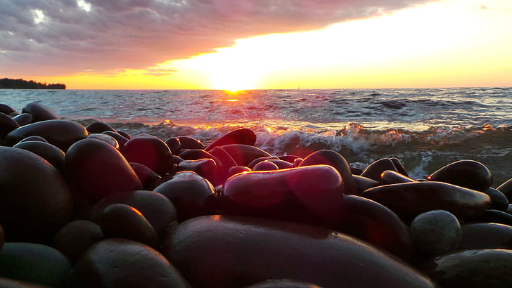 sort, sten, i nærheden af, bred, Ocean, Sunset, havet