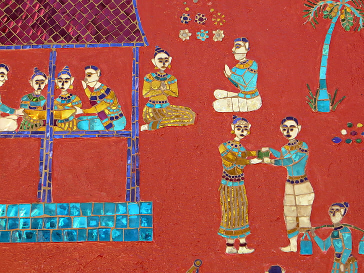 Laos, Luang prabang, soukharam de sen TVA, mozaic, pictura murala, caractere, povestiri