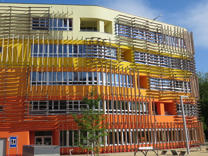vienna, economic university, building, facade, orange, architecture, modern