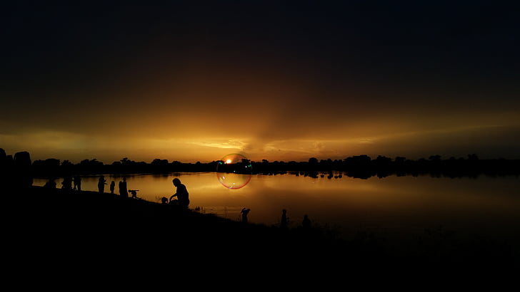 sunset, lake, bubble, water, yellow, nature, silhouette