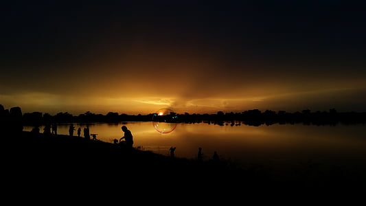 puesta de sol, Lago, burbuja, agua, amarillo, naturaleza, silueta