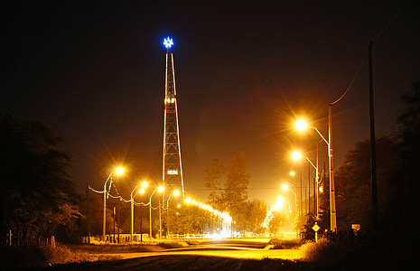 transmission tower, city, lights, night, long exposure, city lights