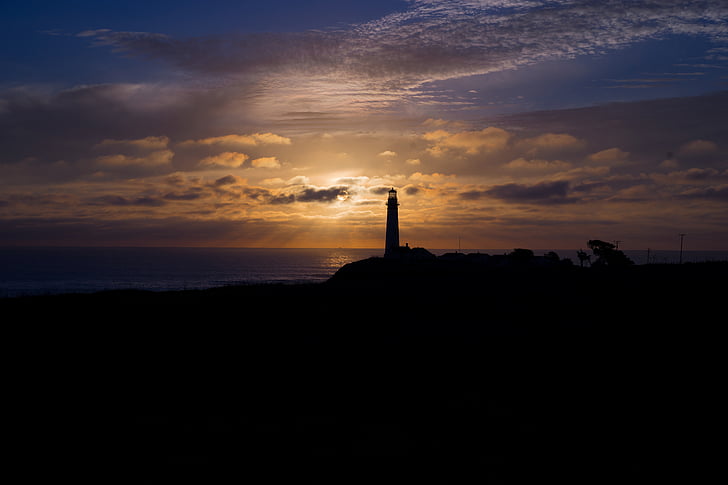 silhouette, lighthouse, sunset, dusk, sky, clouds, dark