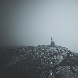 seul, en noir et blanc, brouillard, paysage, brume, montagne, nature
