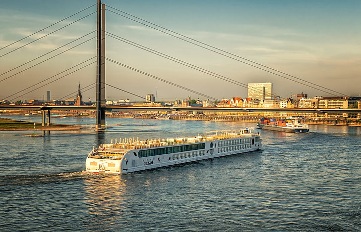 sông, sông Rhine, Düsseldorf, bầu trời buổi tối, nước, vận chuyển, mặt trời
