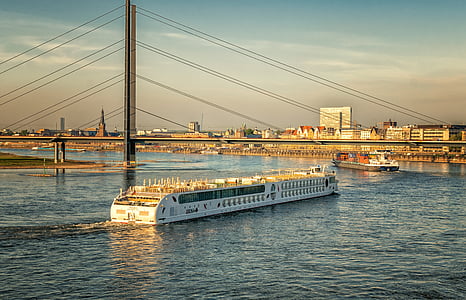 Fluss, Rhein, Düsseldorf, Abendhimmel, Wasser, Versand, Sonne