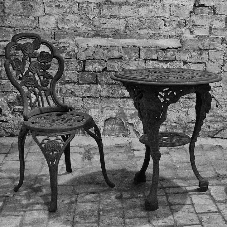 garden chair, garden table, old, cast iron pans, ornaments, roses, antique