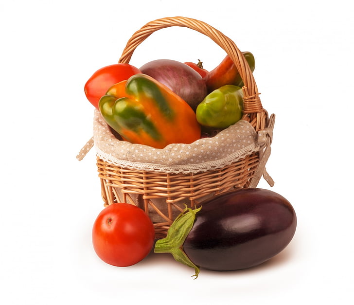 isolated, set, vegetables, basket, eggplant, pepper, autumn