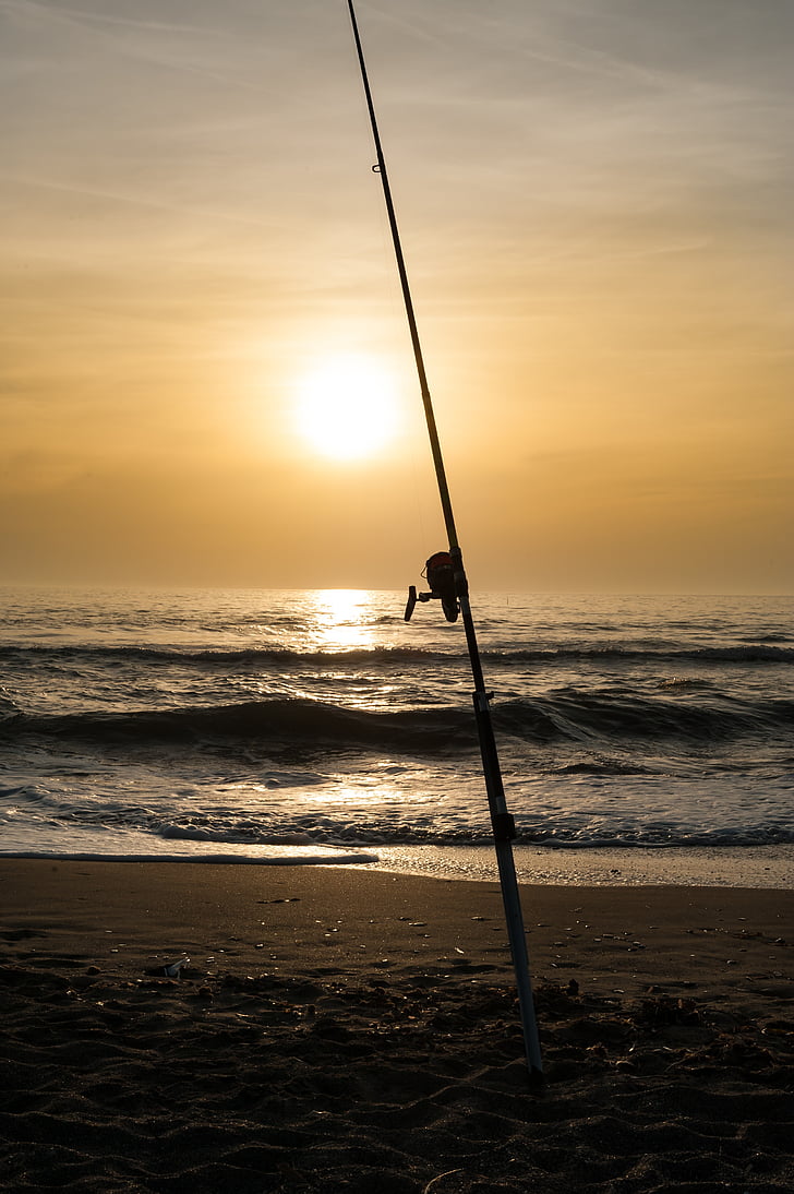 sunset, sea, beach, sand, summer, clouds, fishing rod