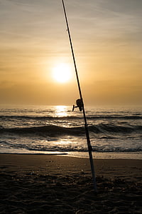 zalazak sunca, more, plaža, pijesak, ljeto, oblaci, štap za ribolov