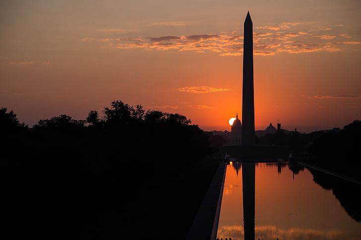 Monumento a Washington, Washington dc, salida del sol mañana, piscina de reflejo, Capitolio de Washington, reflexión, horizonte de Washington dc