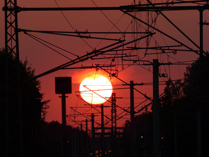 sunset, city, railway station, twilight, evening sky, sky, afterglow